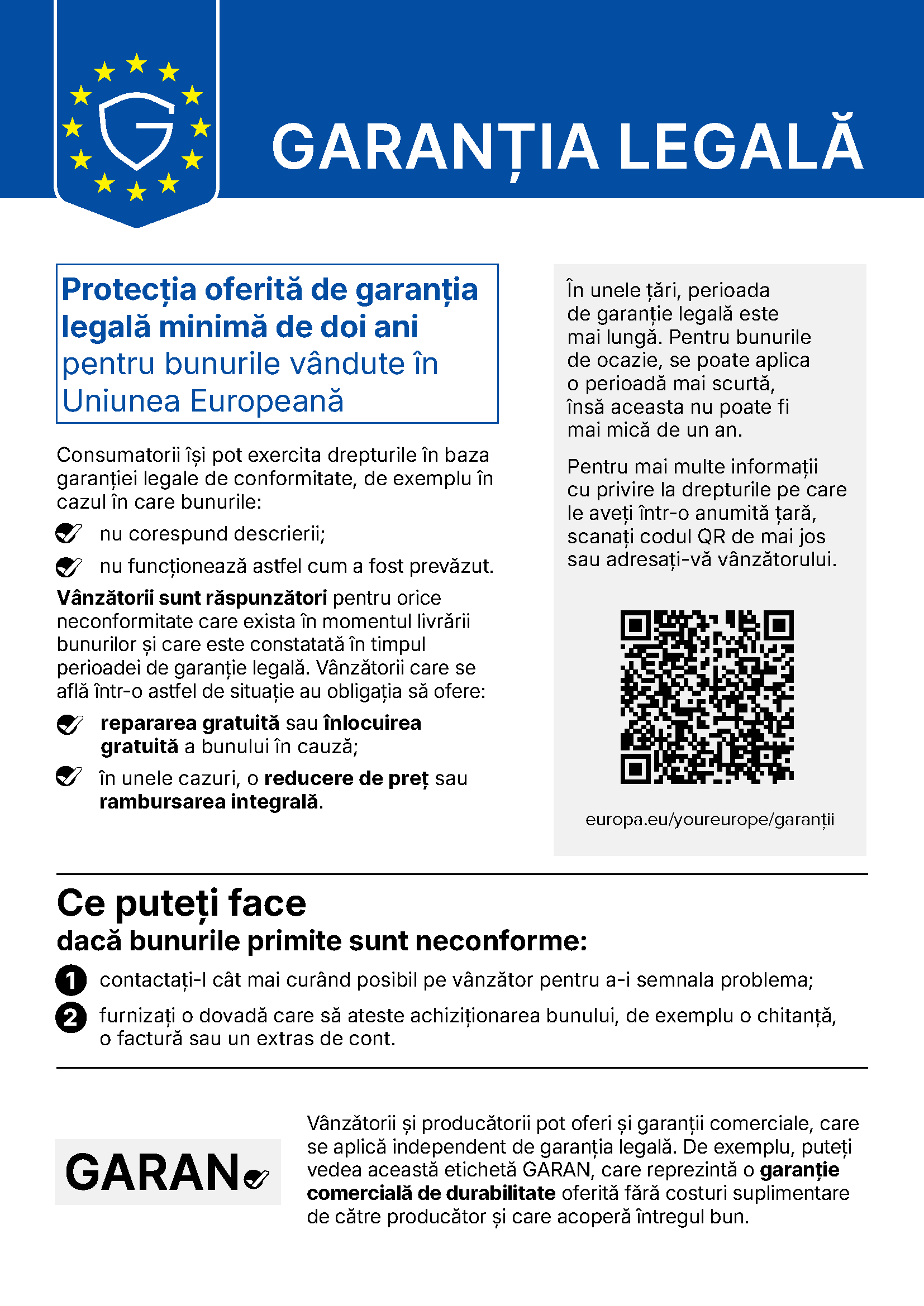 Notificarea armonizată oficială a Uniunii Europene privind garanția legală. Textul complet este disponibil și mai jos.