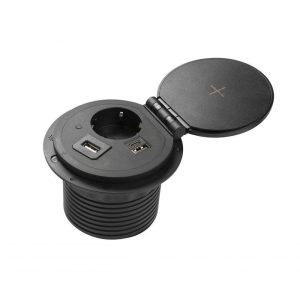 Priză de mobilă CHARGER PLUS, Ø80 mm, 1xSHUKO, USB A+C, în set trei module înlocuibile (USB-A, HDMI, RJ45), cablu 1,5 m, negru